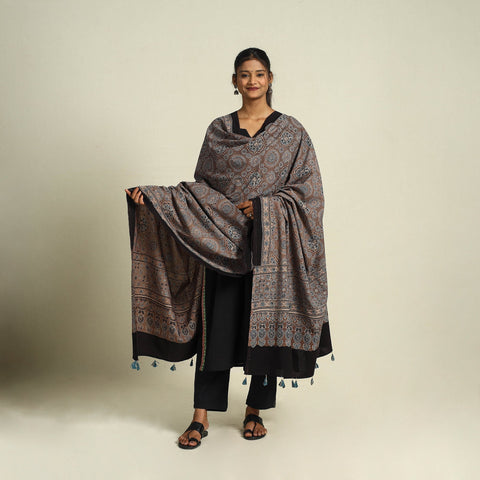 Buy Brown Block Print Cotton Ajrakh Dupatta With Tassels