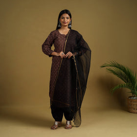  Brown Block Print Cotton Ajrakh Kurta Set with Dupatta
