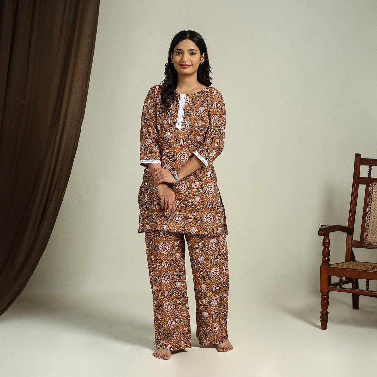 Brown Block Print Cotton Bagru Night Suit Set
