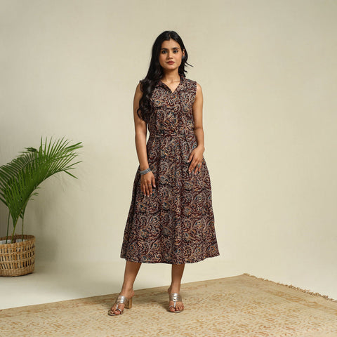 Brown Block Print Cotton Button Down Kalamkari Dress