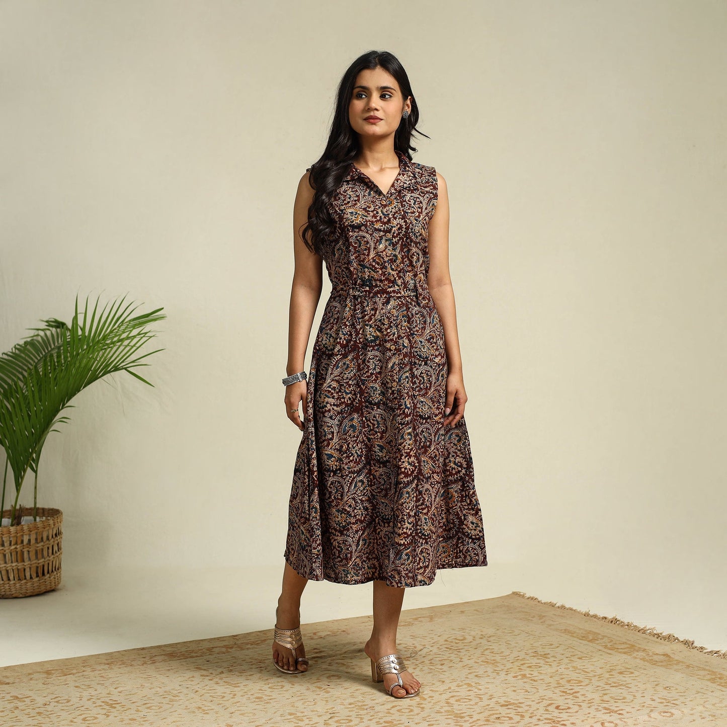 Brown Block Print Cotton Button Down Kalamkari Dress