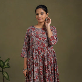Brown Block Print Cotton Flared Sanganeri Dress