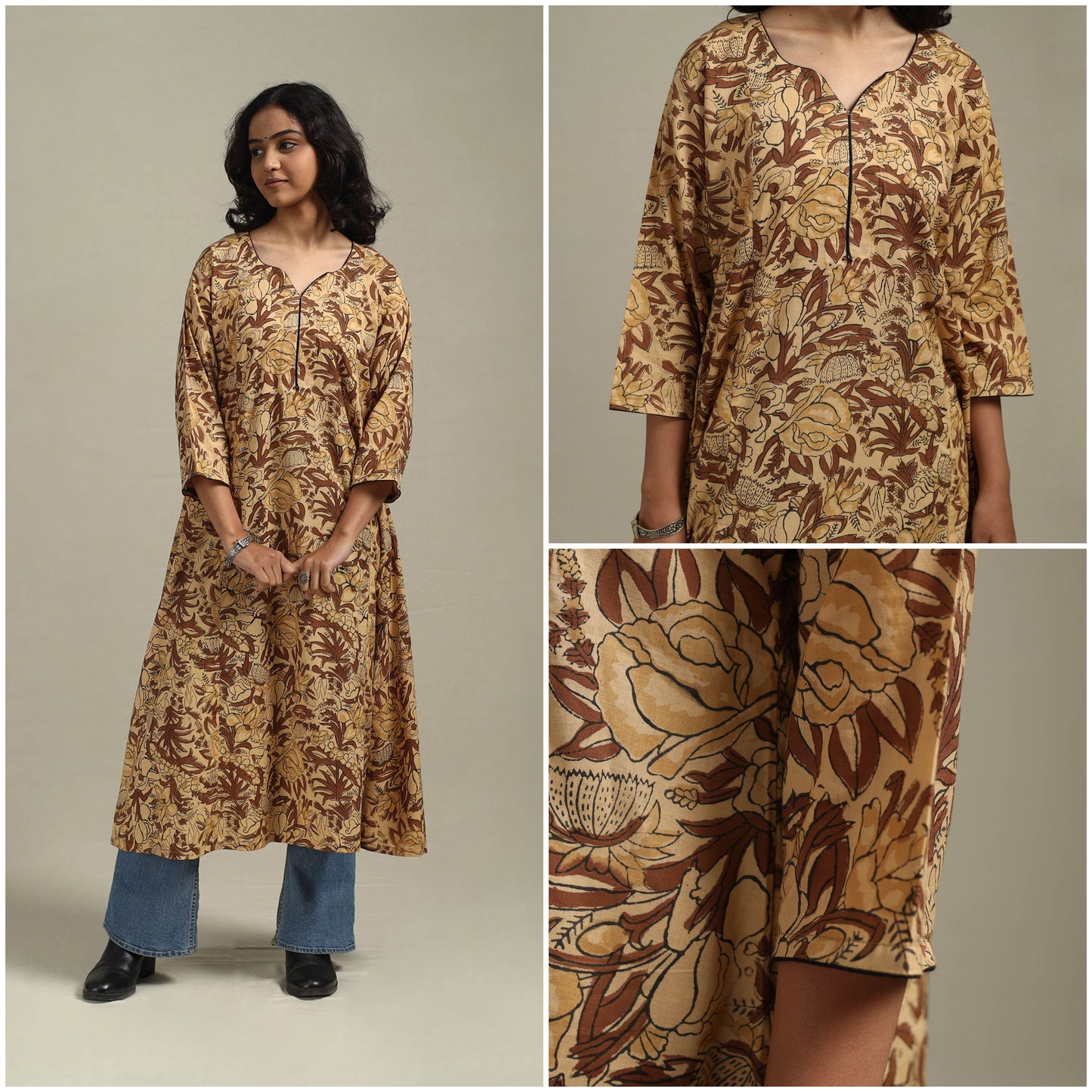 Brown - cotton a-line sanganeri kurta 23 - handcrafted