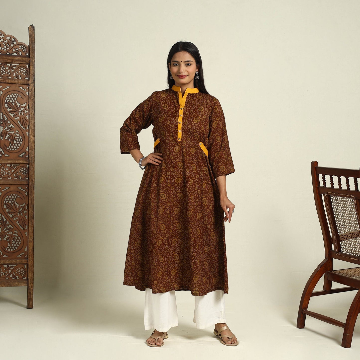 Buy Brown Block Print Mul Cotton A-Line Bagh Kurta for Women