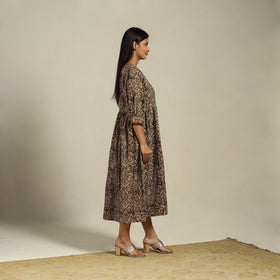 Green Block Print Natural Dyed Cotton Flared Kalamkari Dress
