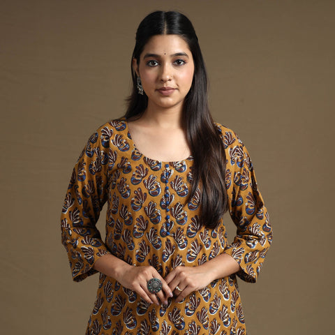 Brown Block Print Natural Dyed Cotton Straight Bagru Kurta