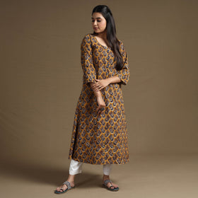 Brown Block Print Natural Dyed Cotton Straight Bagru Kurta