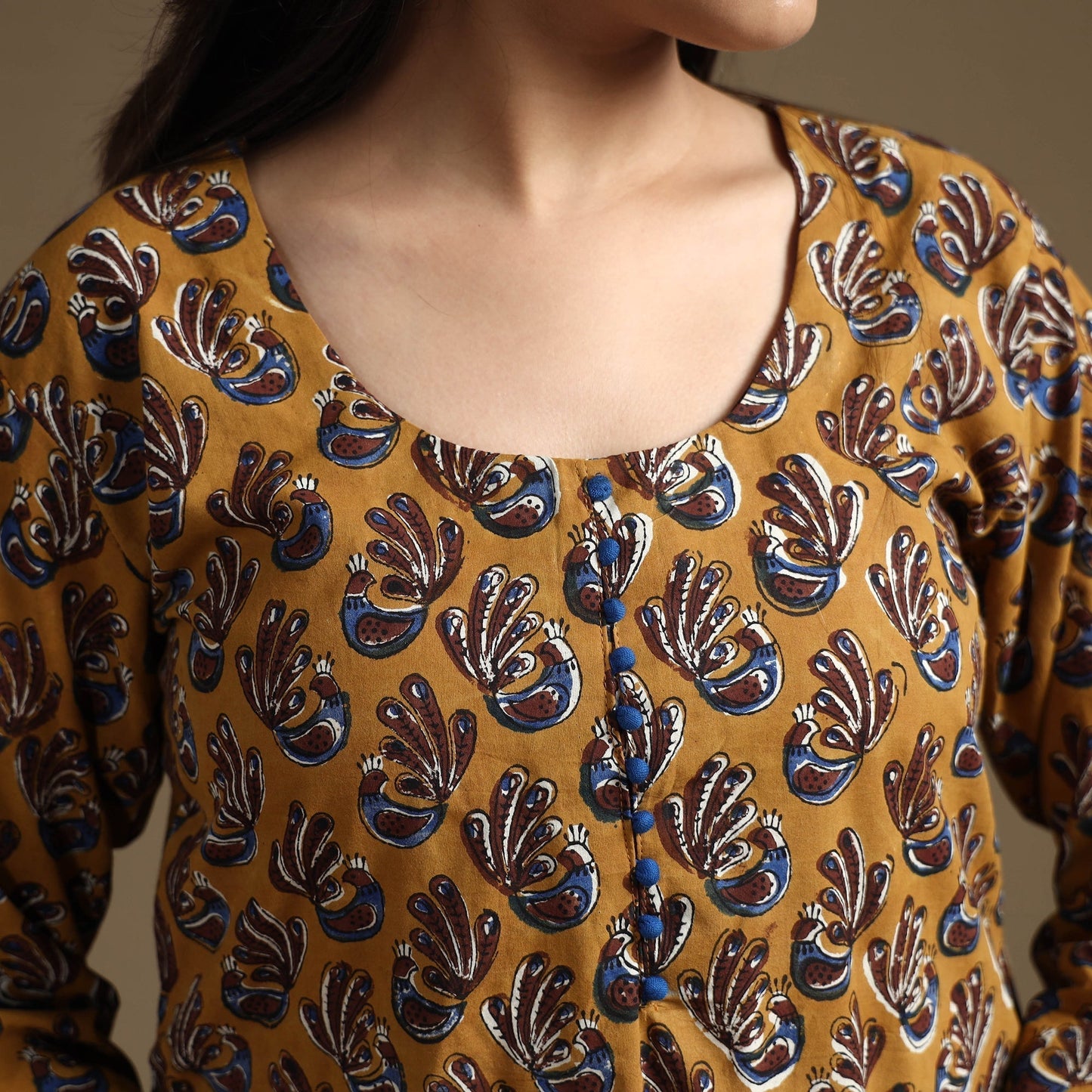 Brown Block Print Natural Dyed Cotton Straight Bagru Kurta