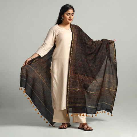 Buy Block Printed Chanderi Silk Handloom Ajrakh Dupatta