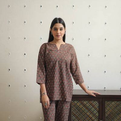 Brown - printed cotton co-ord set 20 - handcrafted