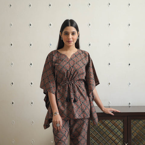 Brown - printed cotton kaftan co-ord set 09 - handcrafted