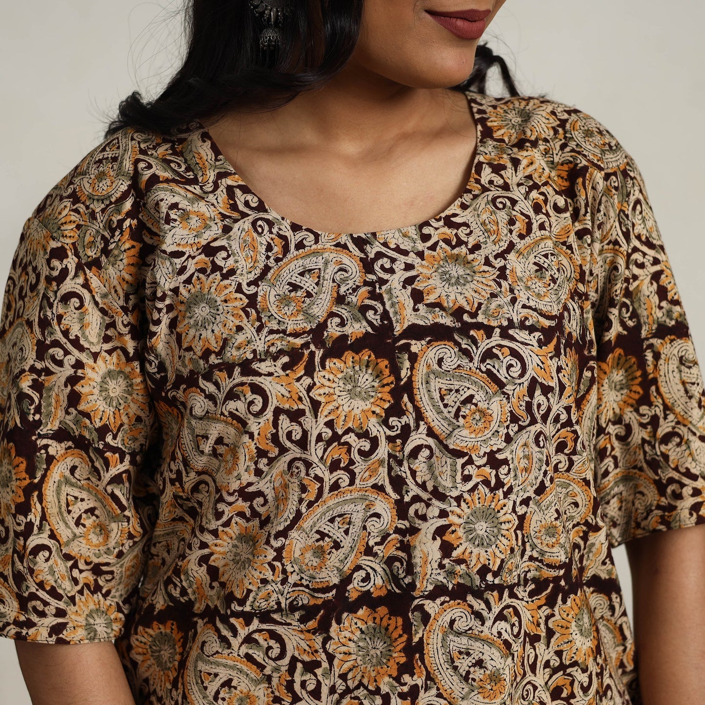 Brown - printed cotton kalamkari kurta set 13 - handcrafted