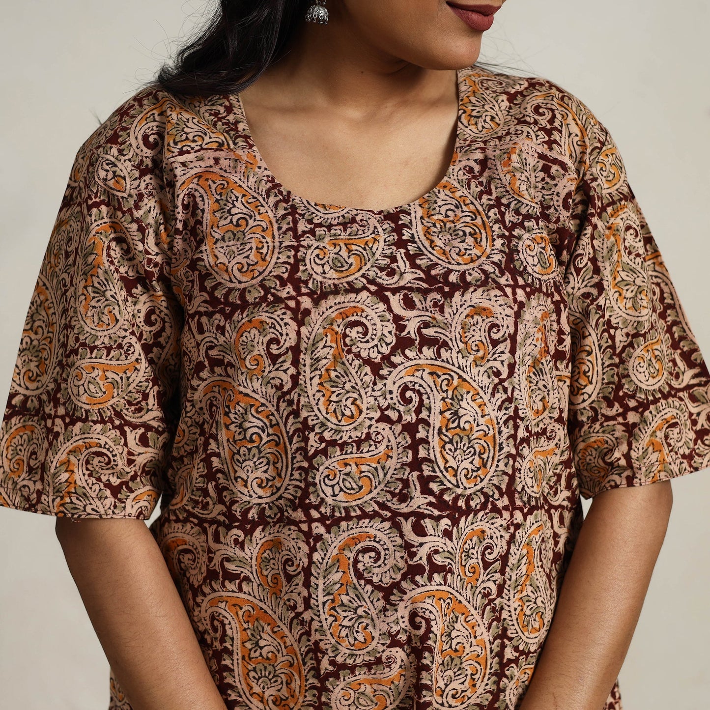 Brown - printed cotton kalamkari kurta set 14 - handcrafted