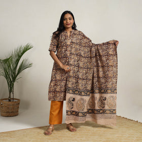 Buy Brown Block Printed Cotton Kalamkari Kurta Set