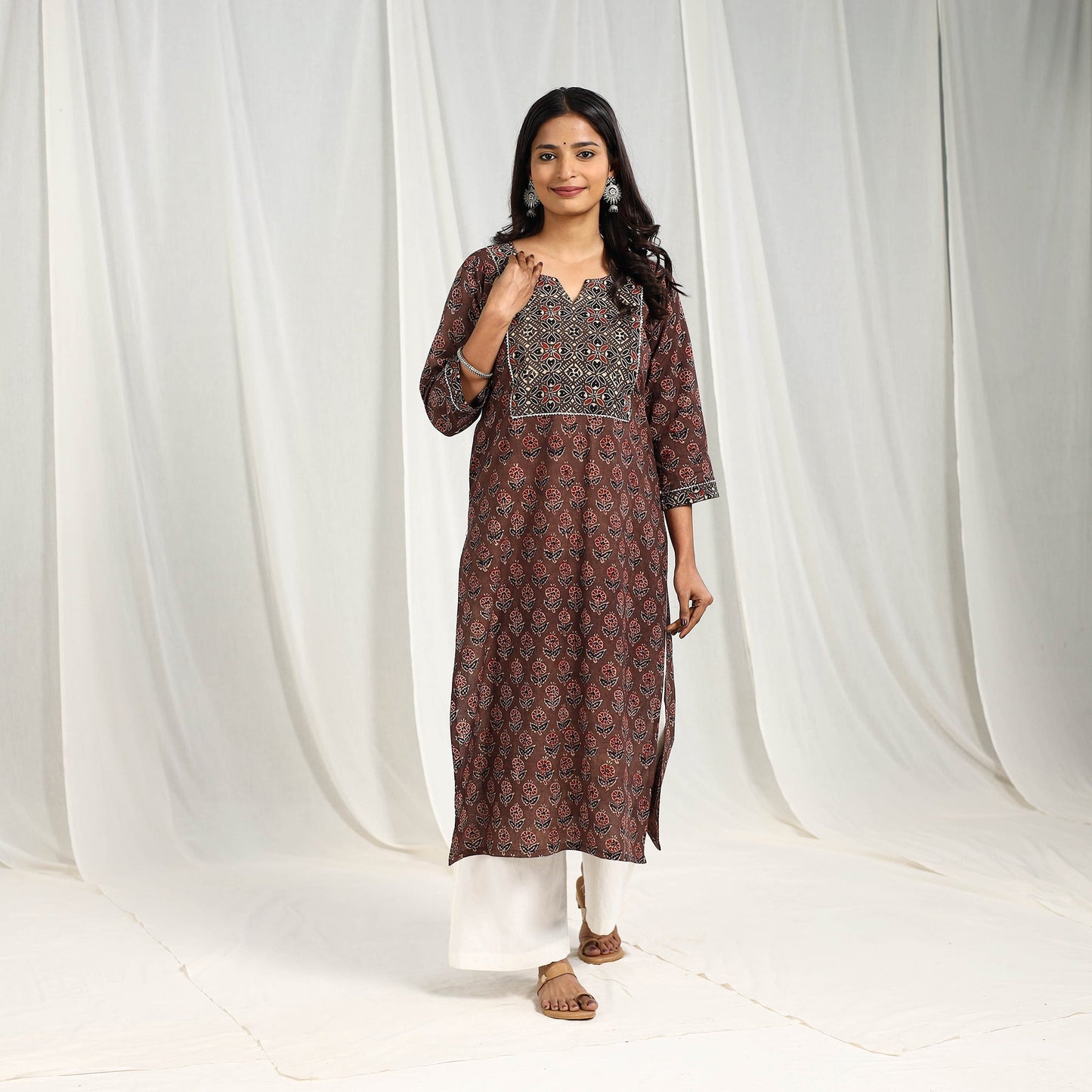 Brown Block Printed Cotton Straight Ajrakh Kurta for Women