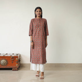 Shop Brown Block Printed Cotton Straight Ajrakh Kurta Online