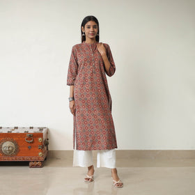 Shop Brown Block Printed Cotton Straight Ajrakh Kurta Online