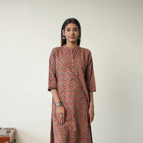Shop Brown Block Printed Cotton Straight Ajrakh Kurta Online
