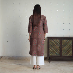 Brown Block Printed Cotton Straight Ajrakh Kurta for Women