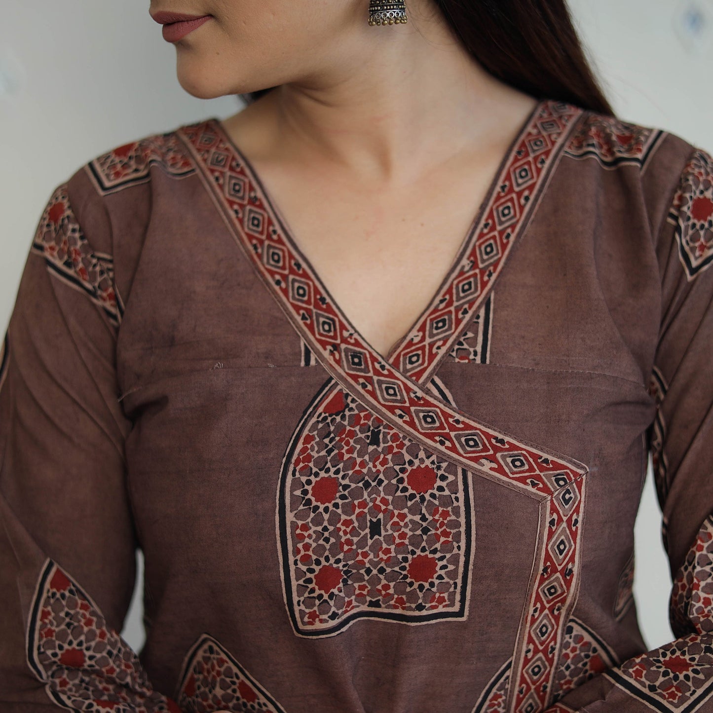 Brown Block Printed Cotton Straight Ajrakh Kurta for Women