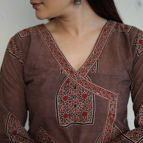 Brown Block Printed Cotton Straight Ajrakh Kurta for Women