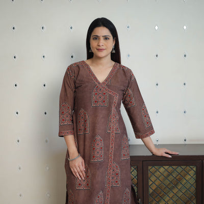 Brown Block Printed Cotton Straight Ajrakh Kurta for Women