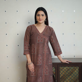 Brown Block Printed Cotton Straight Ajrakh Kurta for Women