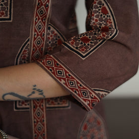Brown Block Printed Cotton Straight Ajrakh Kurta for Women