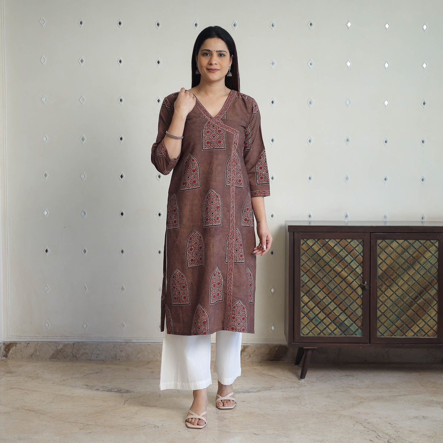 Brown Block Printed Cotton Straight Ajrakh Kurta for Women