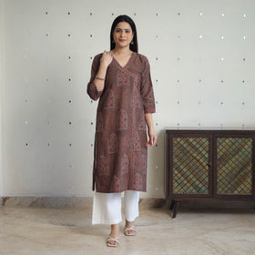 Brown Block Printed Cotton Straight Ajrakh Kurta for Women