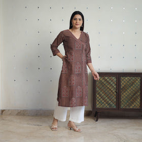 Brown Block Printed Cotton Straight Ajrakh Kurta for Women