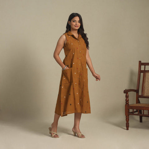 Brown - button down cotton jacquard dress 12 - handcrafted