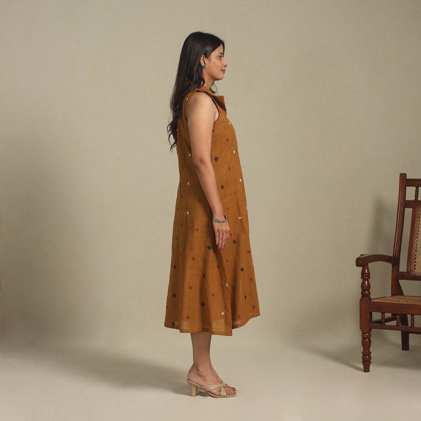 Brown - button down cotton jacquard dress 12 - handcrafted