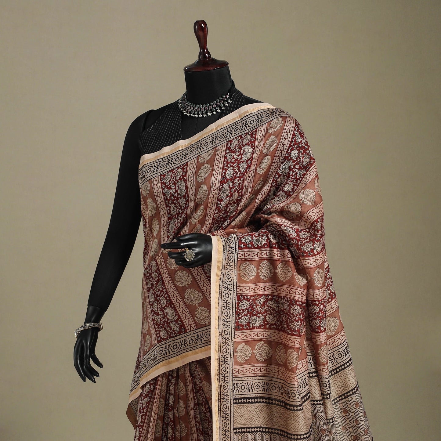 Brown - handloom chanderi silk bagh saree 08 - handcrafted