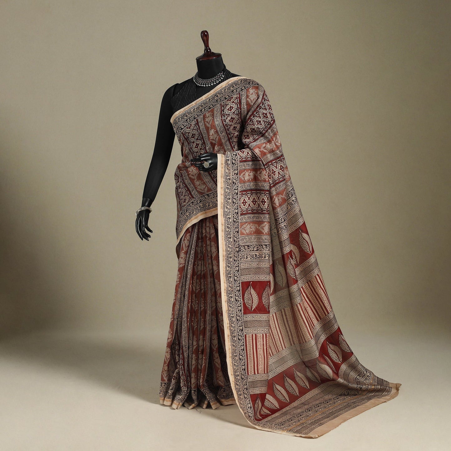 Brown - handloom chanderi silk bagh saree 09 - handcrafted