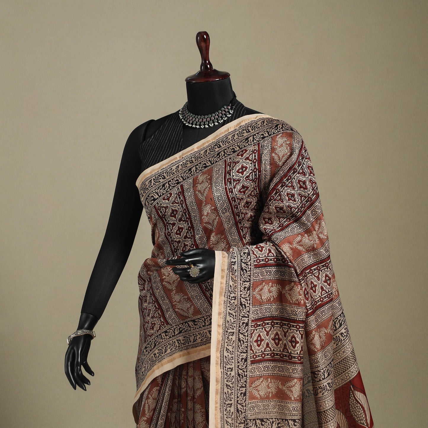 Brown - handloom chanderi silk bagh saree 09 - handcrafted