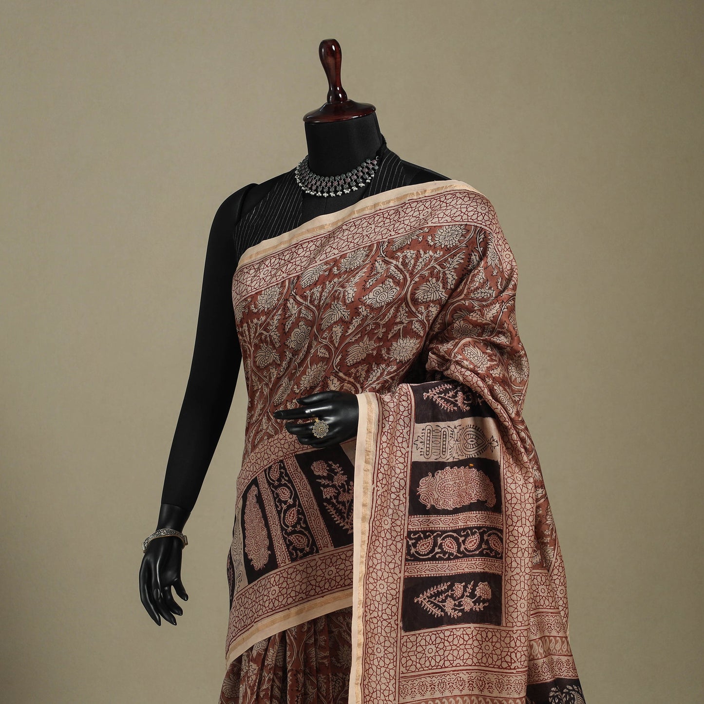 Brown - handloom chanderi silk bagh saree 15 - handcrafted