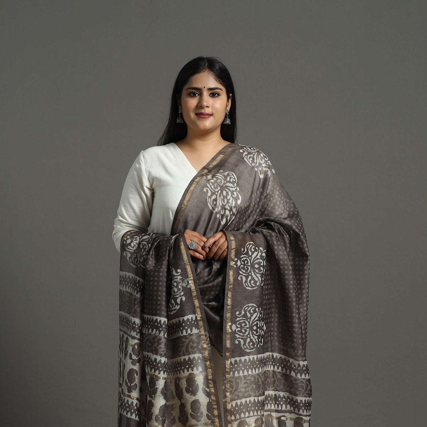 Brown - chanderi silk bagru dupatta 12 - handcrafted