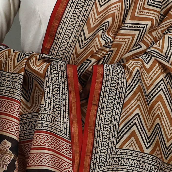 Buy Brown Block Print Chanderi Silk Bagru Dupatta