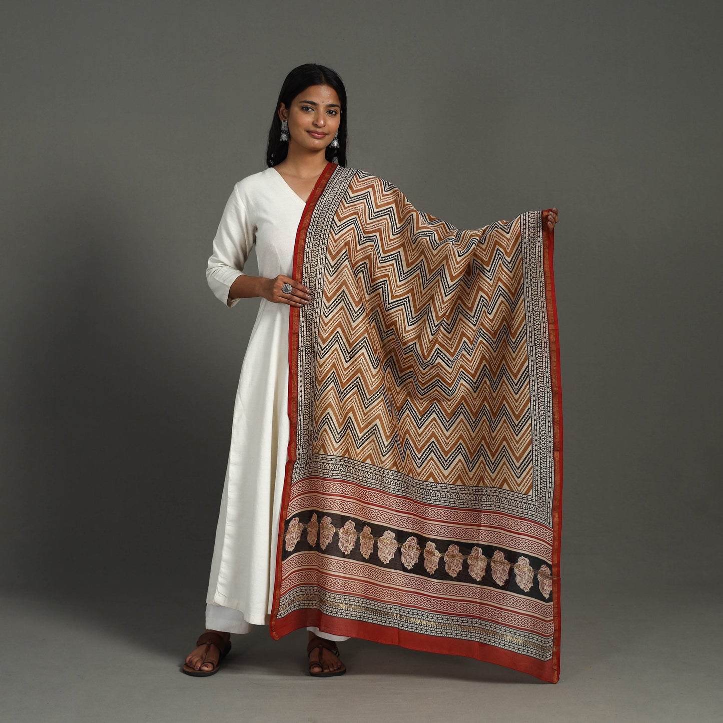 Buy Brown Block Print Chanderi Silk Bagru Dupatta