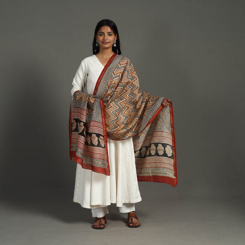 Buy Brown Block Print Chanderi Silk Bagru Dupatta