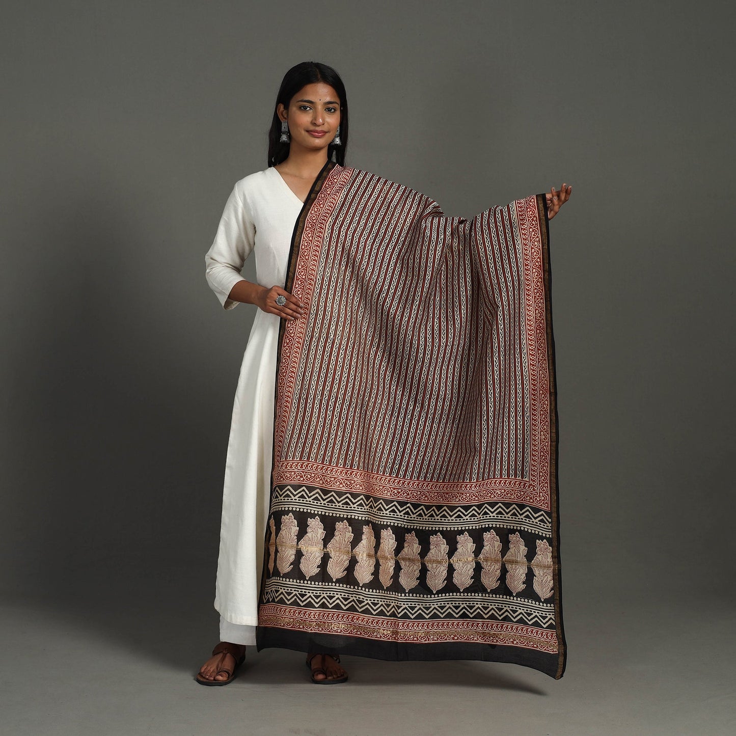 Buy Brown Block Print Chanderi Silk Bagru Dupatta