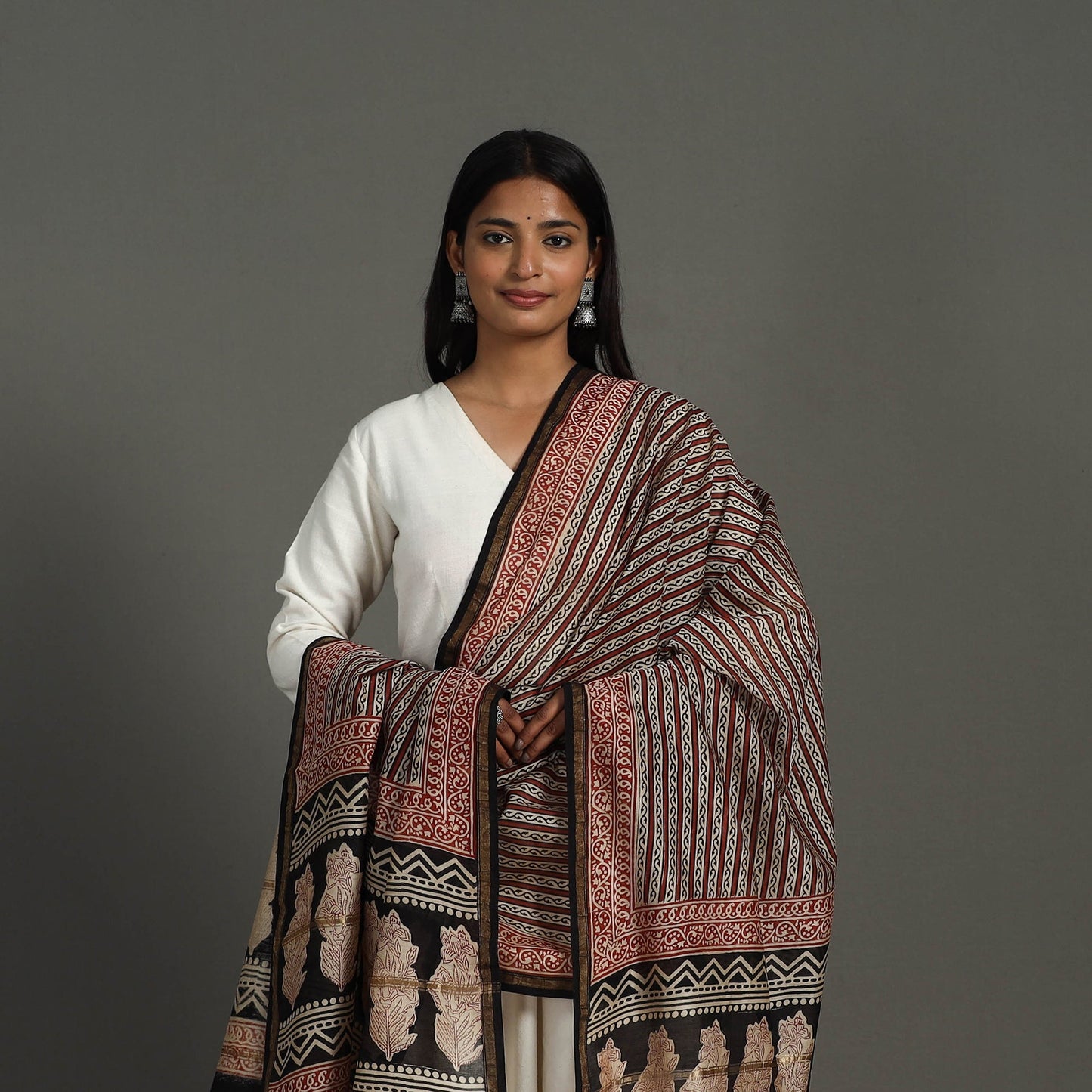 Buy Brown Block Print Chanderi Silk Bagru Dupatta
