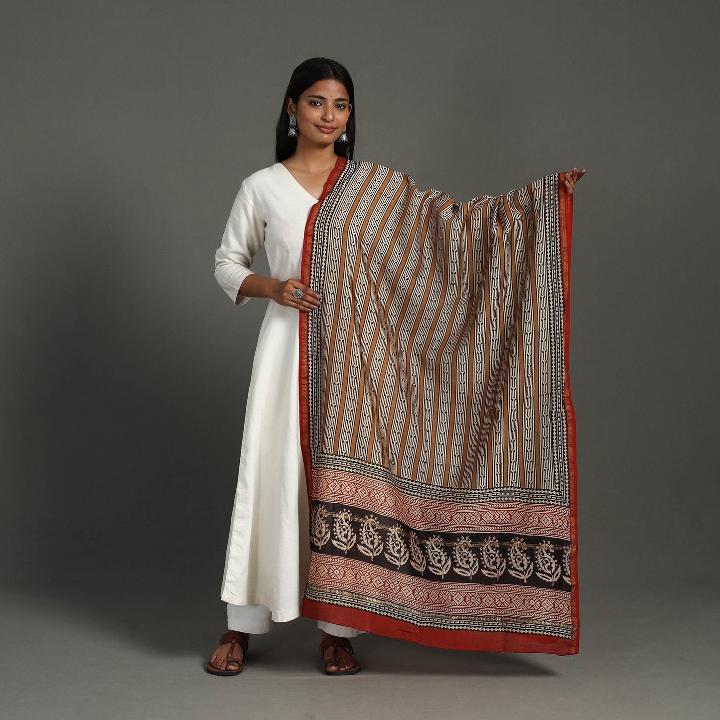  Brown Block Print Chanderi Silk Bagru Dupatta