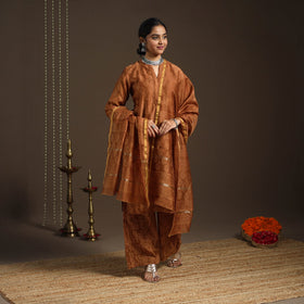 Brown - chanderi silk bagru kurta set (set of 3) 16