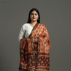 Block Print Brown Chanderi Silk Ajrakh Dabu Bagru Dupatta
