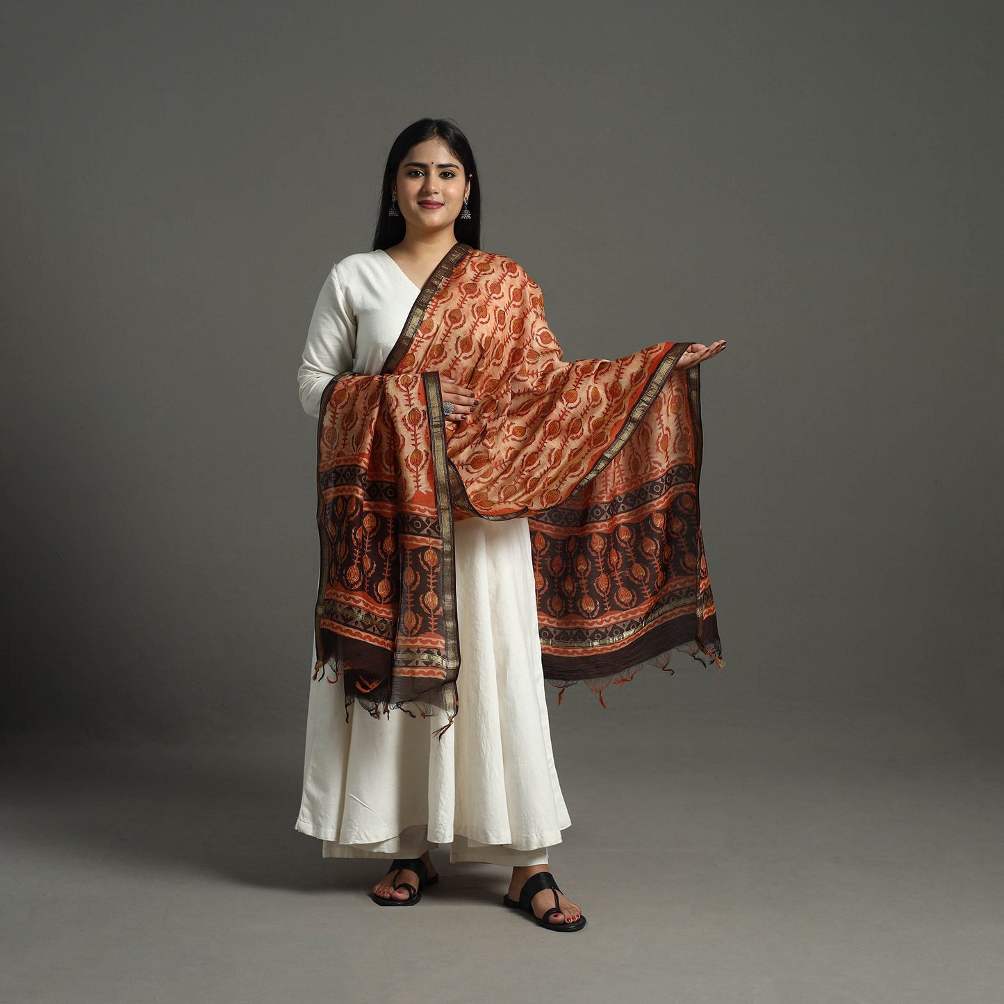 Block Print Brown Chanderi Silk Ajrakh Dabu Bagru Dupatta