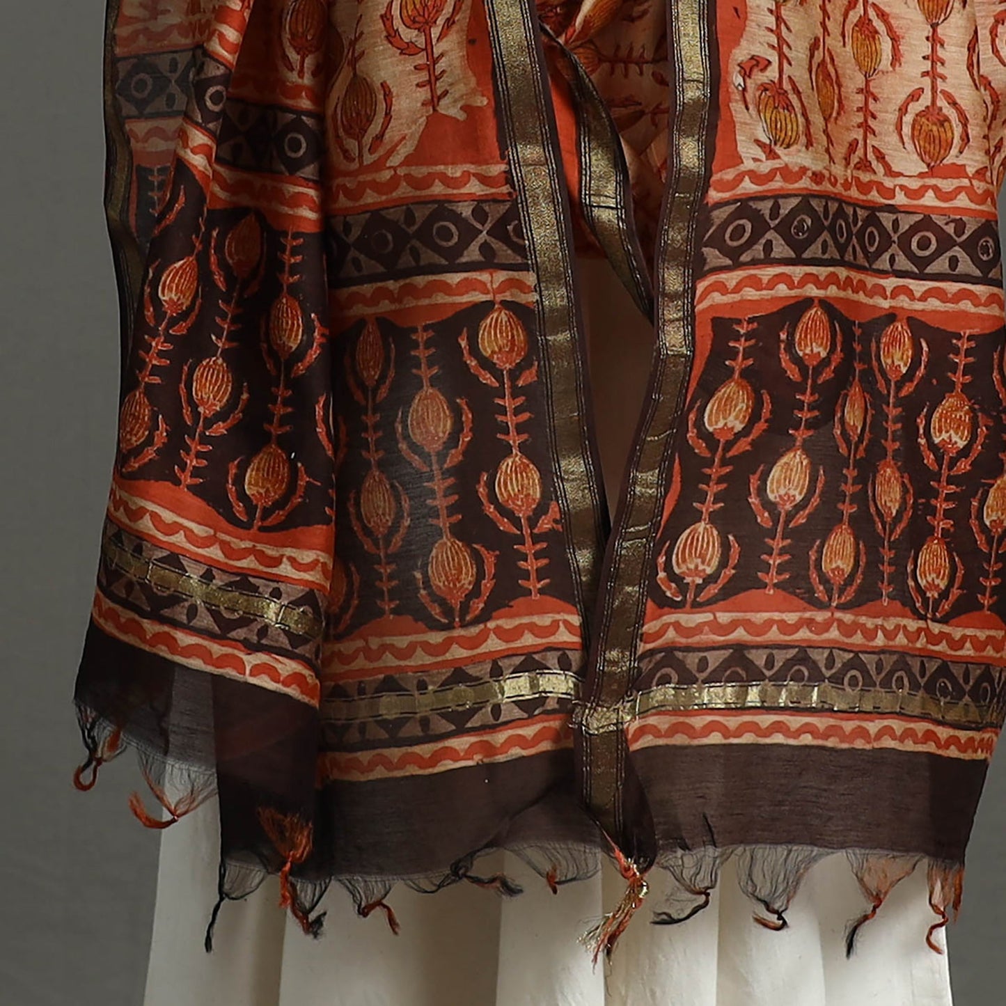 Block Print Brown Chanderi Silk Ajrakh Dabu Bagru Dupatta
