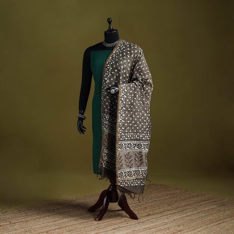 Brown - chanderi silk hand bagru dupatta with zari border