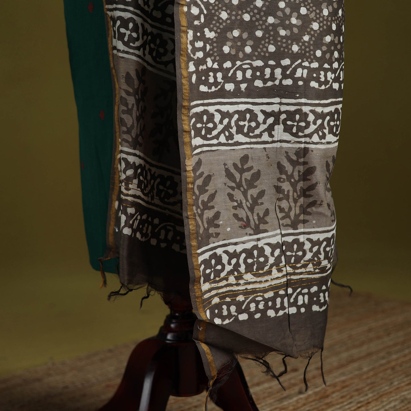 Brown - chanderi silk hand bagru dupatta with zari border